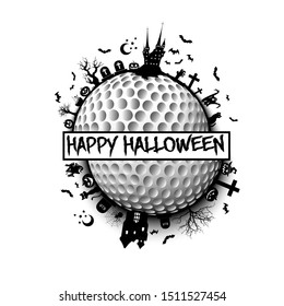 Happy halloween. Objects and elements of Halloween on the background of a golf ball. Design pattern for banner, poster, greeting card, flyer, party invitation. Vector illustration