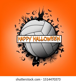 Happy halloween. Objects and elements of Halloween on the background of a volleyball ball. Design pattern for banner, poster, greeting card, flyer, party invitation. Vector illustration