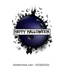 Happy halloween. Objects and elements of Halloween on the background of a bowling ball. Design pattern for banner, poster, greeting card, flyer, party invitation. Vector illustration
