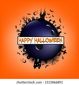 Happy halloween. Objects and elements of Halloween on the background of a bowling ball. Design pattern for banner, poster, greeting card, flyer, party invitation. Vector illustration