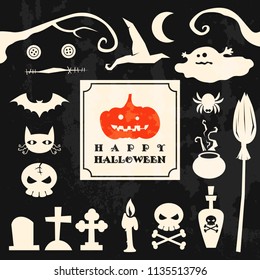 happy halloween objects set,Simple vector clip art halloween collection with grunge texture.