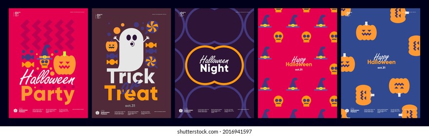 Happy Halloween. October 31. A set of simple vector illustrations. Minimalist, geometric, background pattern, icon. Perfect for poster, media banner, cover or postcard.