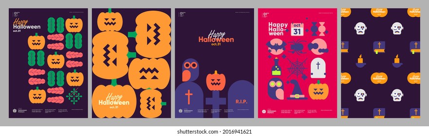 Happy Halloween. October 31. A set of simple vector illustrations. Minimalist, geometric, background pattern, icon. Perfect for poster, media banner, cover or postcard.