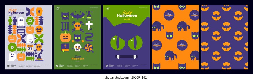 Happy Halloween. October 31. A set of simple vector illustrations. Minimalist, geometric, background pattern, icon. Perfect for poster, media banner, cover or postcard.