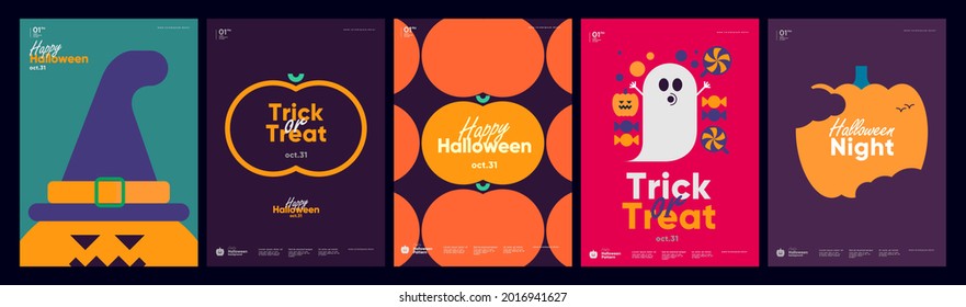 Happy Halloween. October 31. A set of simple vector illustrations. Minimalist, geometric, background pattern, icon. Perfect for poster, media banner, cover or postcard.