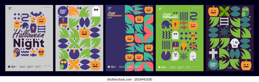 Happy Halloween. October 31. A set of simple vector illustrations. Minimalist, geometric, background pattern, icon. Perfect for poster, media banner, cover or postcard.