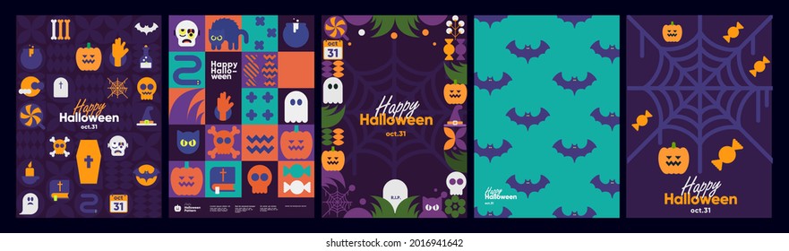 Happy Halloween. October 31. A set of simple vector illustrations. Minimalist, geometric, background pattern, icon. Perfect for poster, media banner, cover or postcard.