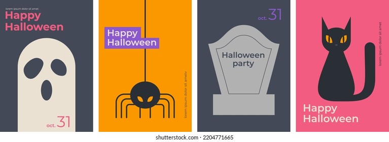 Happy Halloween. October 31. Set of simple vector Halloween posters. Ghost, spider, grave, cat. Collection of bright posters in a modern style. Perfect for posters, cover art, flyer, banner. 