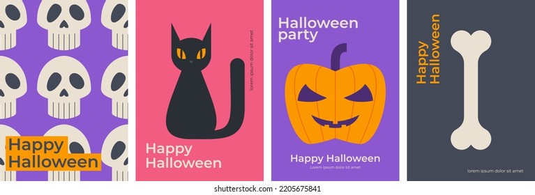 Happy Halloween. October 31. Set of simple vector Halloween posters. Skeletons poster, cat, pumpkin, bone. Collection of bright posters in a modern style. Perfect for posters, cover art, flyer, banner