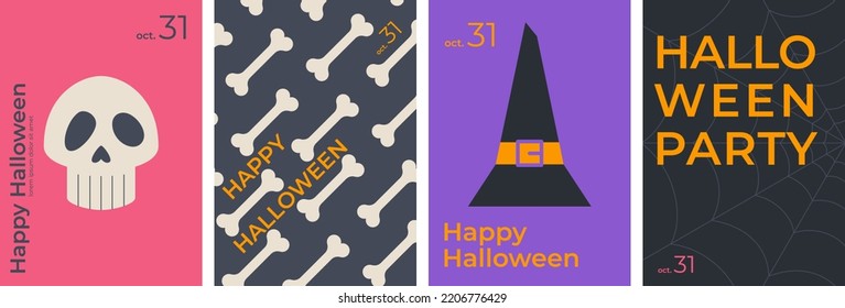 Happy Halloween. October 31. Set of simple vector Halloween posters. Skeleton, bones, witch hat, web. Collection of bright posters in a modern style. Perfect for posters, cover art, flyer, banner. 