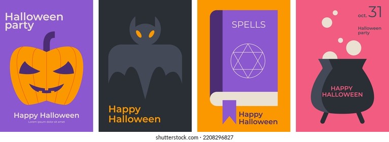 Happy Halloween. October 31. Set of simple vector Halloween posters. Pumpkin, bat, spell book, cauldron. Collection of bright posters in a modern style. Perfect for posters, cover art, flyer, banner. 