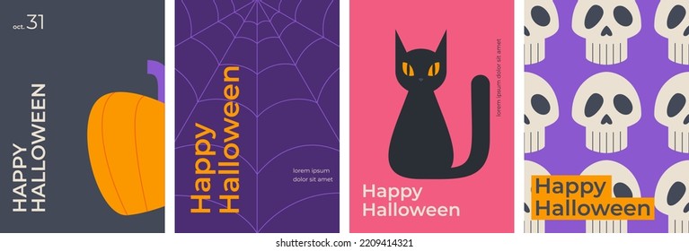 Happy Halloween. October 31. Set of simple vector Halloween posters. Pumpkin, web, cat, skeleton. Collection of bright posters in a modern style. Perfect for posters, cover art, flyer, banner. 