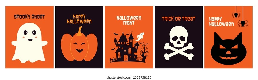 Happy Halloween. October 31. Set of simple vector illustration of ghost, pumpkin, skull, haunted house. Perfect for poster, party flyer, invitation card, media banner, background, cover or postcard.