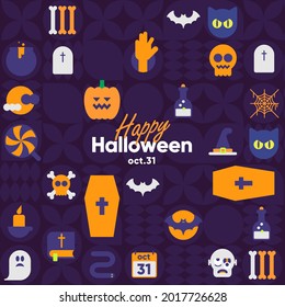 Feliz Halloween. 31 de octubre. Ilustración simple, vectorial, plana. Patrón de fondo minimalista, geométrico. Perfecto para afiches, banner, portada o postal.