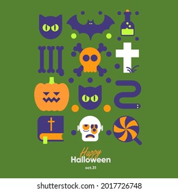 Happy Halloween. October 31. Simple, vector, flat illustration. Minimalist, geometric, background pattern. Perfect for poster, media banner, cover or postcard.