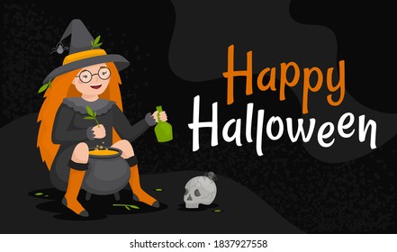 Happy Halloween October 31 web banner or poster. Witch girl brews a potion. Next to the pot, the skull and spiders. Cute flat vector illustration on a black background with text.