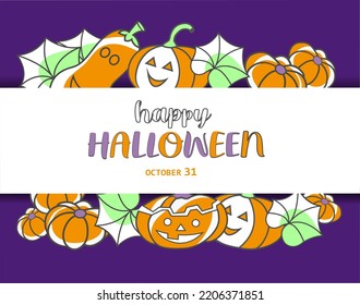 Happy Halloween. October 31.Smiling pumpkins on a purple background. Lettering on horizontal tape.Hand-drawn. Autumn harvest. Design of poster, banner, congratulations and much more.