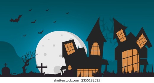 Happy Halloween October 31st banner template October trick or treat festival, with pumpkins, and graveyard spooky shades, bats