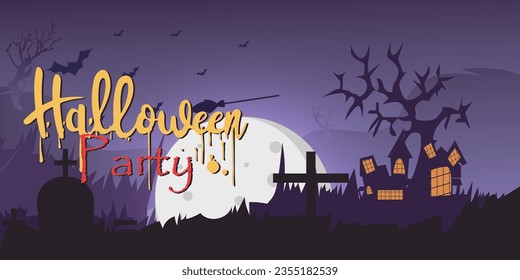 Happy Halloween October 31st banner template October trick or treat festival, with pumpkins, and graveyard spooky shades, bats