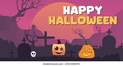 Happy Halloween October 31st banner template October trick or treat festival, with pumpkins, and graveyard spooky shades, bats