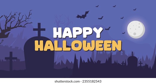 Happy Halloween October 31st banner template October trick or treat festival, with pumpkins, and graveyard spooky shades, bats