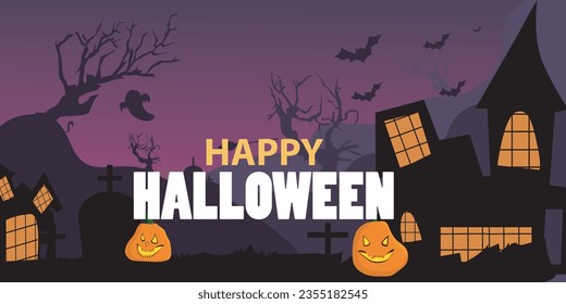 Happy Halloween October 31st banner template October trick or treat festival, with pumpkins, and graveyard spooky shades, bats