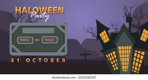 Happy Halloween October 31st banner template October trick or treat festival, with pumpkins, and graveyard spooky shades, bats