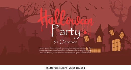 Happy Halloween October 31st banner template October trick or treat festival, with pumpkins, and graveyard spooky shades, bats