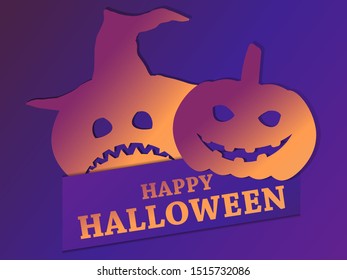 Happy Halloween, October 31st. Greeting card with pumpkins and gradient. Pumpkins with scary faces, emotions. Vector illustration