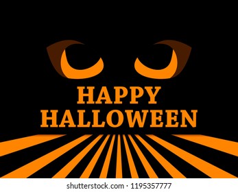 Happy Halloween October 31st. Holiday greeting card with evil scary eyes, black pupils and rays. Vector illustration