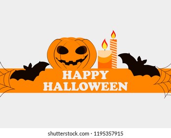 Happy Halloween October 31st. Holiday greeting card with pumpkin, bats and candles. Festive symbols. Vector illustration