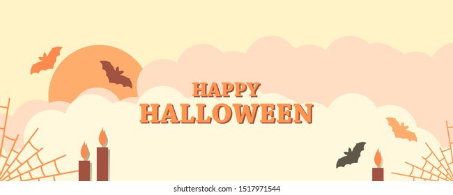 Happy Halloween, October 31st. Landscape with clouds and bats, cobwebs and lights. Festive greeting card, autumn color palette. Vector illustration