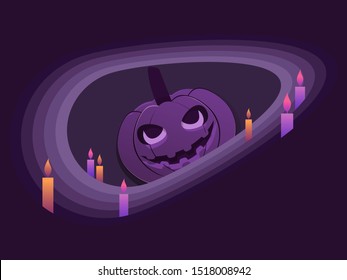 Happy Halloween, October 31st. Pumpkin and candles paper cut style. Jack-o-lantern violet color. Vector illustration