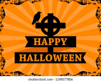 Happy Halloween October 31st. Raven on the cross with ribbon. Frame with rays on background. Holiday greeting card. Vector illustration
