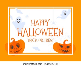 Happy Halloween October 31st, trick or treat. Festive frame with pumpkins and ghosts. Festive design for banners and posters. Vector illustration