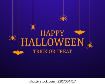 Happy Halloween October 31st, trick or treat. Hanging spiders and bats in orange on a gradient blue background. Design for greeting cards, posters and banners. Vector illustration