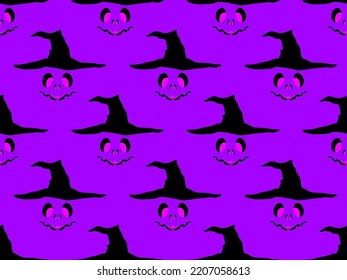 Happy Halloween October 31st, trick or treat. Halloween carved face in witch hat seamless pattern. Evil scary face with glowing eyes. Design for greeting card, poster and banner. Vector illustration