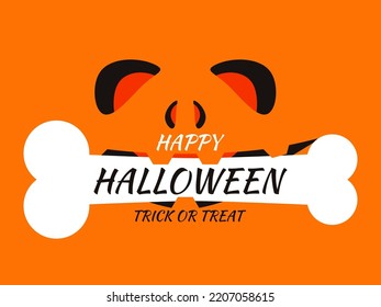 Happy Halloween October 31st, trick or treat. Evil scary face with glowing eyes. Halloween carved face with a bone in its mouth. Design for greeting cards, posters and banners. Vector illustration