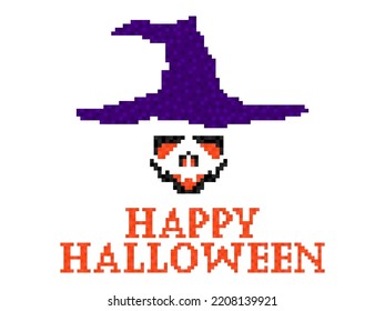 Happy Halloween October 31st, trick or treat. Halloween carved face in witch hat in pixel art style. Evil scary face retro 8-bit graphic. Design for apps, banners and posters. Vector illustration