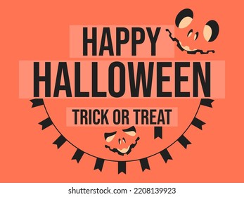 Happy Halloween October 31st, trick or treat. Festive banner with Halloween carved face and flag garlands. Design for greeting cards, posters and banners. Vector illustration