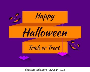 Happy Halloween October 31st, trick or treat. Festive banner with Halloween carved face in witch hat and bats. Design for greeting cards, posters and banners. Vector illustration