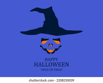 Happy Halloween October 31st, trick or treat. Halloween carved face in witch hat. Evil scary face with glowing eyes. Design for greeting cards, posters and banners. Vector illustration