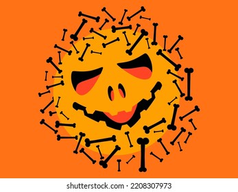 Happy Halloween October 31st, trick or treat. Halloween carved face with scattered bones. Evil scary face. Design for greeting cards, posters and banners. Vector illustration