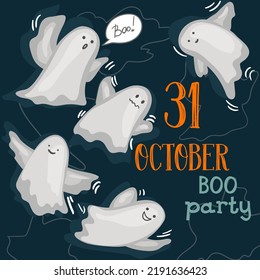 Happy Halloween. October 31st. Vector illustration with ghosts. Suitable for poster, media banner, cover or postcard.