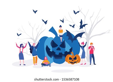 Happy Halloween in the office, with office workers,  bats and pumpkins, Halloween holiday trick or treat Vector illustration.for web banner, infographics, mobile website. Landing page template. 