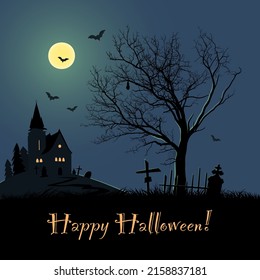 Happy Halloween, old church with cemetery and tombs on moon background, cartoon, flat vector illustration. Design for halloween concept.
