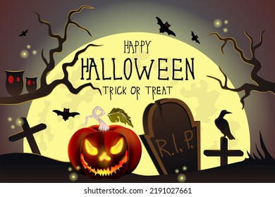 Happy Halloween. An ominous pumpkin against the background of a cemetery and the moon. Cross with raven. Tree branches with owls. Bats against the sky. Vector illustration