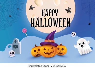 Happy Halloween On Blue Background With Pumpkin, Ghost, Skull, Bat etc. 3D Halloween Sale Theme Concept Vector Illustration