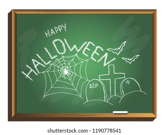 Happy halloween on chalkboard. Halloween Silhouettes. pumpkin. Hand drawn Vector illustration with web and spider. Trick or treat.