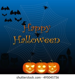 Happy halloween on the dark blue background. 
In picture have are among bats, spiders, cobwebs, owl, black cat, candle, and pumpkins.